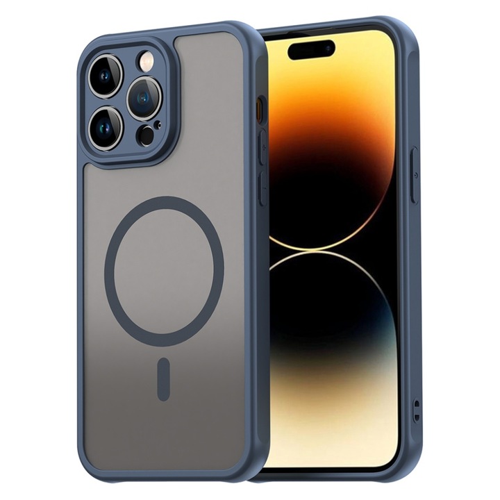 Husa pentru iPhone 14 Pro, SKYDDAR INNOVATION, HaloFrost MagSafe II, Antisoc, set cu sticker, Bleumarin