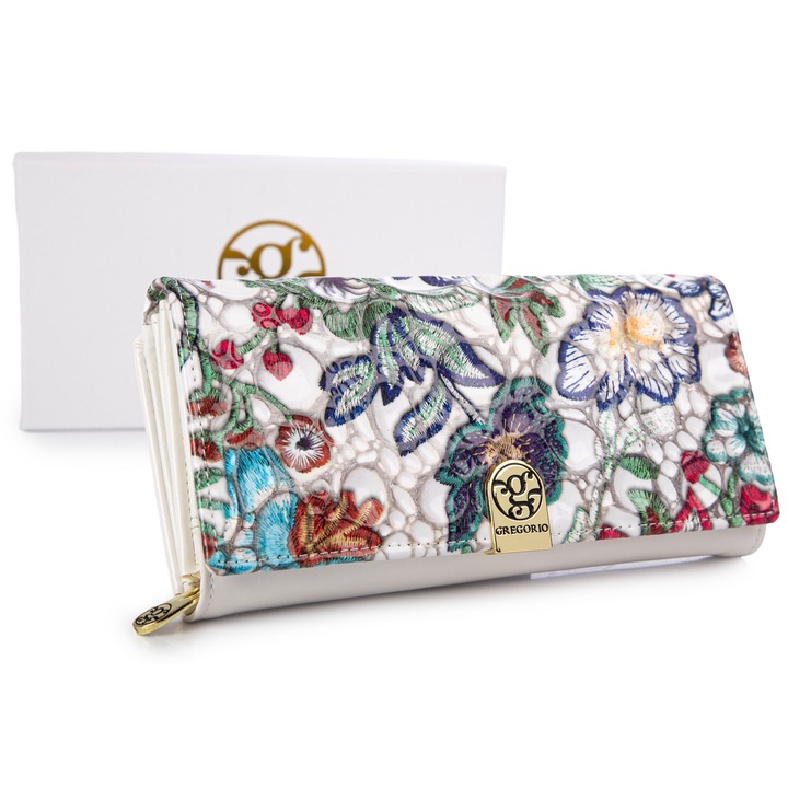 Portofel dama Gregorio, alb cu flori colorate, 19.5x10x3.5cm, protectie RFID