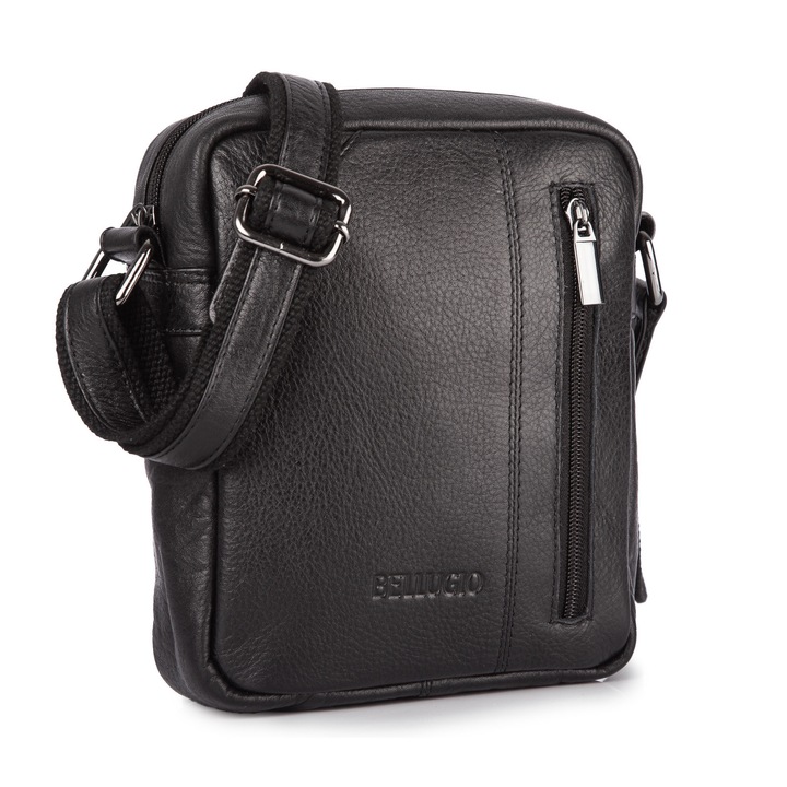 Férfi valódi bőr táska, Bellugio, fekete, 16x20x7cm, állítható pánttal