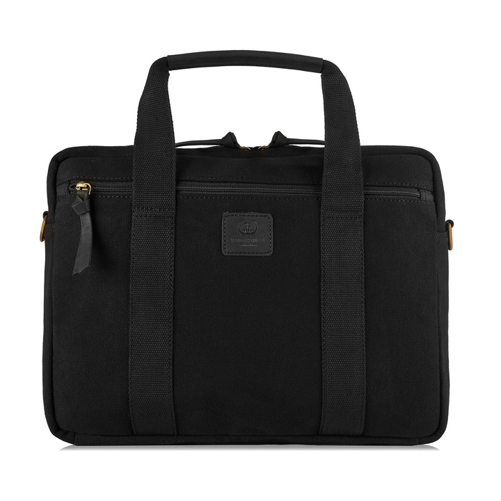 Férfi laptop táska, Paolo Peruzzi, fekete, 37x28x7cm, 15,6"-os laptop rekesszel, vászon és valódi bőr