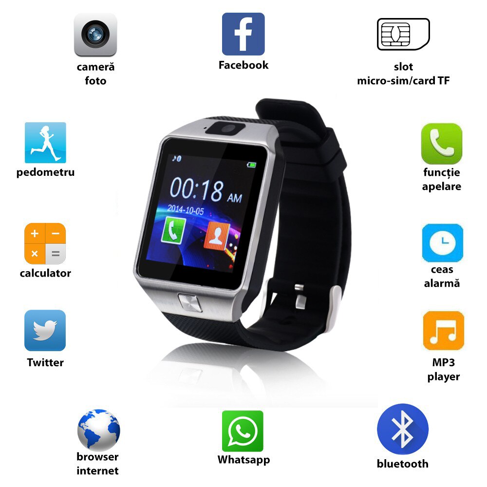 Ceas smart bluetooth 3.0, SoVogue, functie telefon, TF, 13 functii, Android 4.3, argintiu