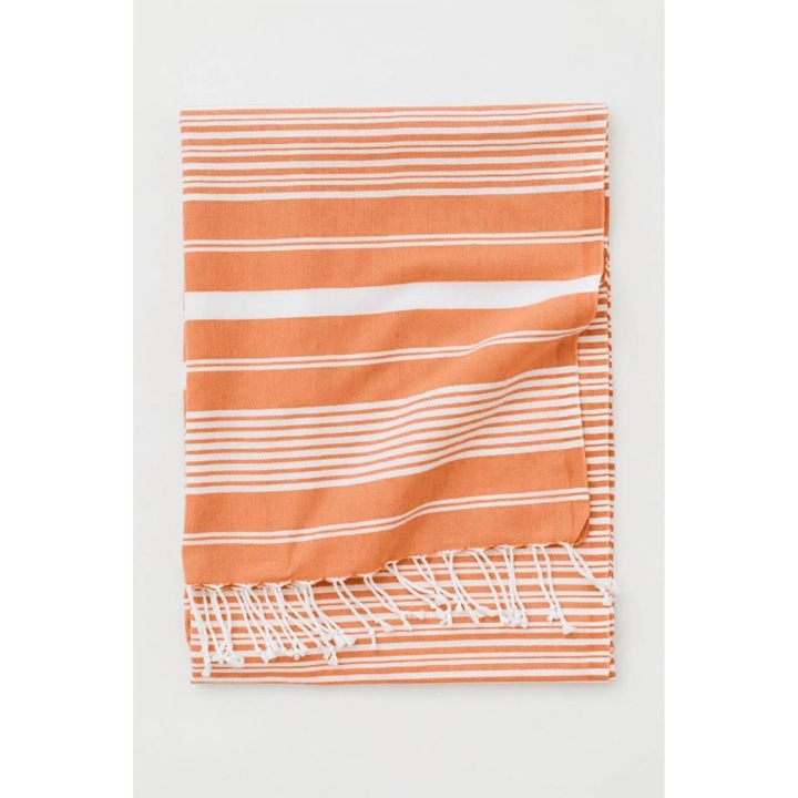Кърпа за плаж, СПА, басейн и баня, изработена от 100% памук, Newtone, P-06, лека, абсорбираща, бързосъхнеща, преносима, на райета, 275 гр, 95x180 см, бяла/оранжева