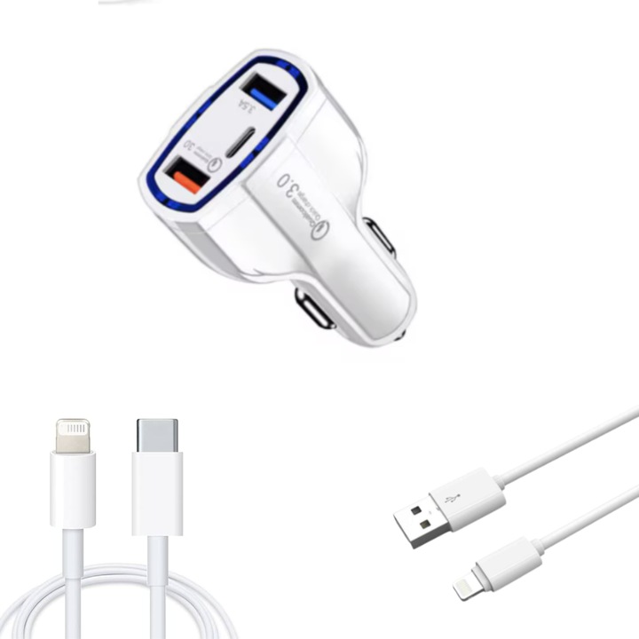 Autós töltő készlet, FAST Charger 12V 3.5A, 1db USB-A-light adatkábel, 1db USB-C-light adatkábel, iPhone 14, 13, 12, 11, XS Max, Fehér, 3 darabos szett