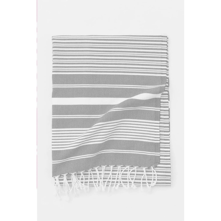 Strandtörölköző, Newtone Peshtemal, pamut, fehér/szürke, 95x180cm, könnyű és nedvszívó