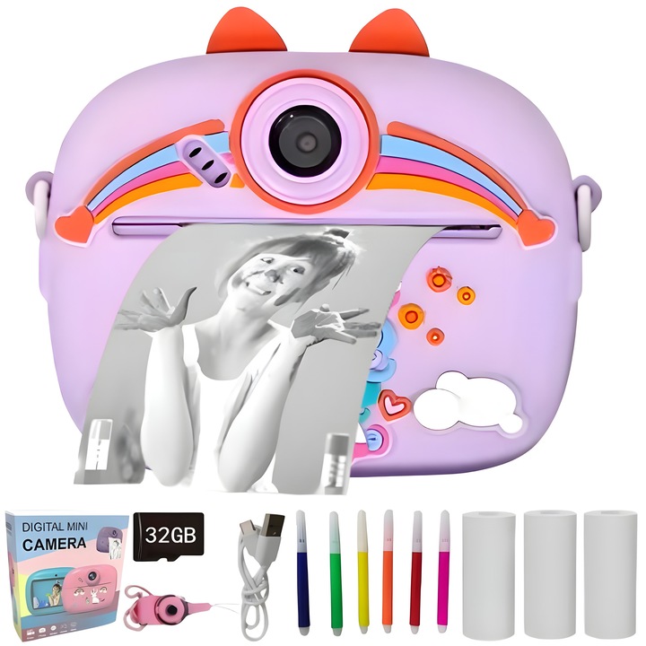Camera foto pentru copii cu printare instant, 48MP HD, Video 1080p, Ecran 2.4", 3 Jocuri, Muzica, Selfie, Fara Cerneala, Husa de silicon, 6 carioci colorate, Card 32GB