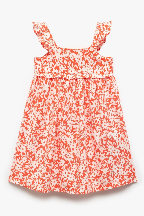 KOTON, Rochie cu bretele cu volane si model floral, Alb/Portocaliu mandarina