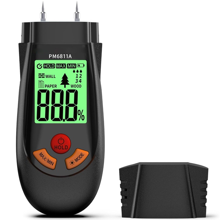 Umidometru profesional RASK, display LCD, masurare umiditate lemn si ciment, Negru