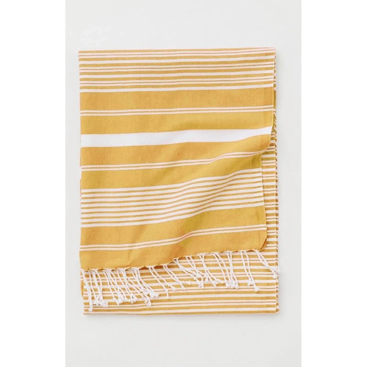 Премиум кърпа Peshtemal за плаж, СПА, басейн и баня, изработена от 100% памук, Newtone, P-08, лека, абсорбираща, бързосъхнеща, преносима, на райета, 275 гр, 95x180 см, бяла и пастелно жълта