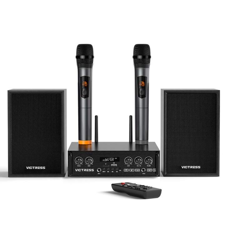 Стерео аудио система Victress, усилвател 450W, 2 тонколони 30W, 2 безжични микрофона, Bluetooth, размери 8.2"x7.8"x2.2"