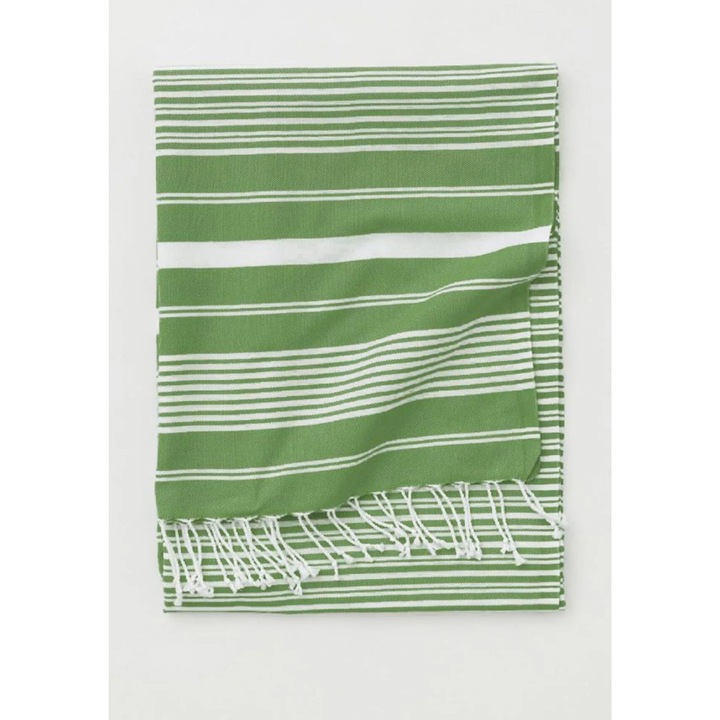 Премиум кърпа Peshtemal за плаж, СПА, басейн и баня, изработена от 100% памук, Newtone, P-09, лека, абсорбираща, бързосъхнеща, преносима, на райета, 275 гр, 95x180 см, бяла и шамфъстъчено зелена
