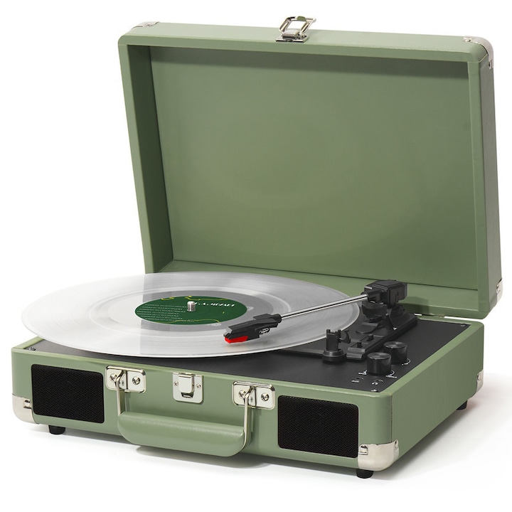 Стерео грамофон, Вградени високоговорители, с Bluetooth, 3 скорости, AUX-IN, RCA изход, Контрол на басите и високите честоти, Зелен