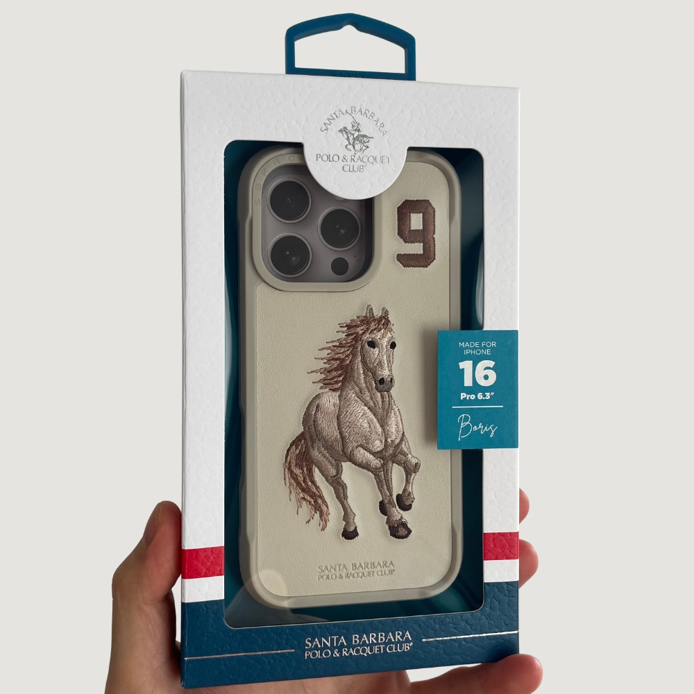 Husa Premium pentru iPhone 16 Pro Max Santa Barbara Polo & Racquet Club Boris Beige, Broderie