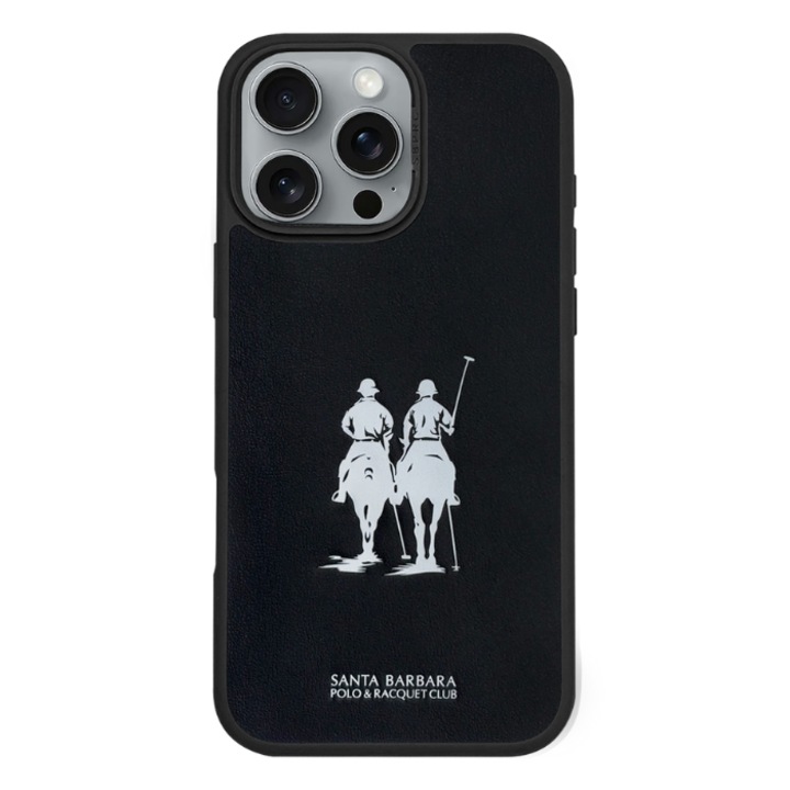 iPhone 16 Pro tok, Santa Barbara Polo & Racquet Club, Uriah, fekete, ökológikus bőr, Magsafe, ütésálló