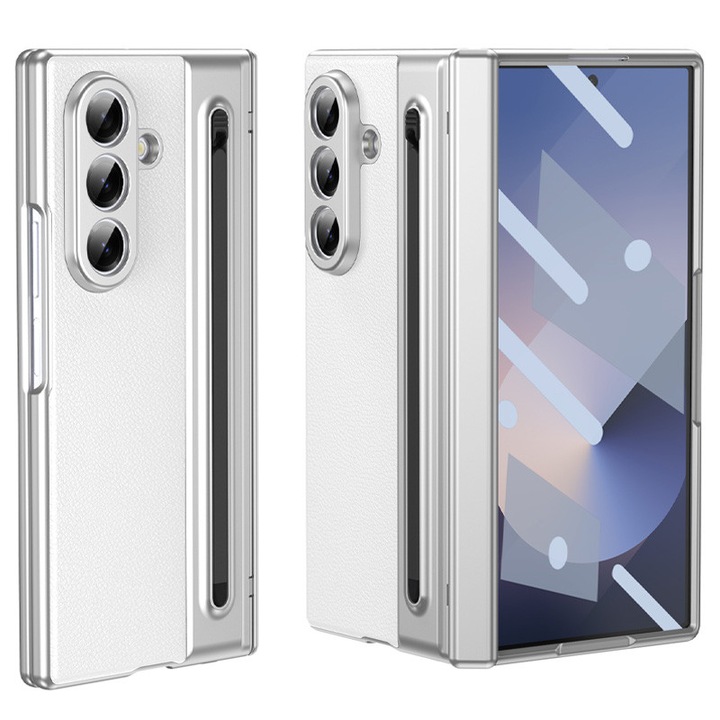 Кейс с включени химикалка и фолио за Samsung Z Fold7, Удароустойчив, Кожен вид, Бял