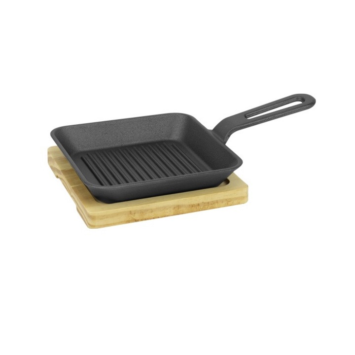 Tigaie grill fonta Raki, suport lemn, 17,5x17,5xh3cm