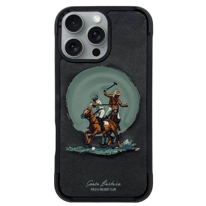Prémium iPhone 16-tok – Santa Barbara Polo & Racquet Club, Aubrey, fekete, MagSafe-kompatibilis, hímzett