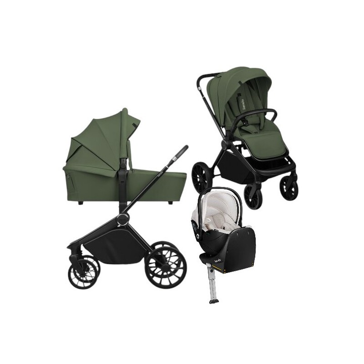Carucior 4 in 1, Lionelo, Mika Plus, Cu scoica auto Moxie Bej cu baza rotativa 360, Reversibil, Cu sistem de ventilatie 3D, Cu accesorii, Pana la 22 kg, EN1888-1 EN1888-2 EN1466 ECE R129, Verde