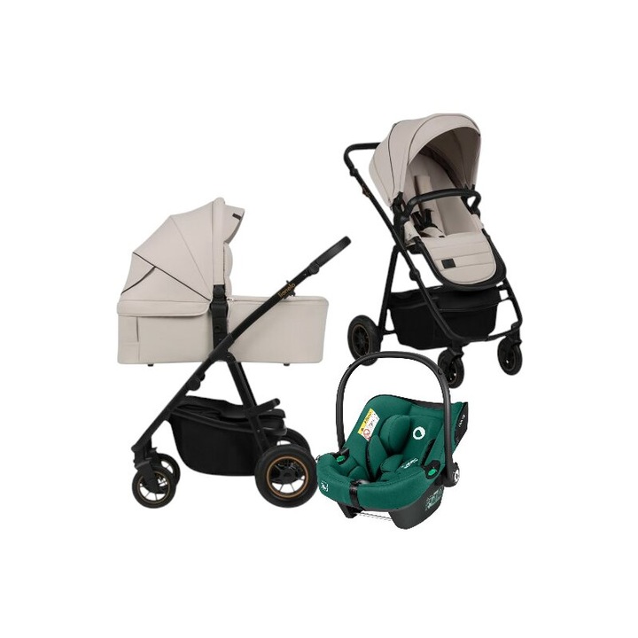 Carucior 3 in 1, Lionelo, Amber Plus, Cu scoica auto Verde testata ADAC, Reversibil, Maner ajustabil, Cu accesorii, Cu ventilatie panoramica 3D, Pana la 22 kg, EN1888-1, EN1888-2, EN1466, ECE R129, Bej