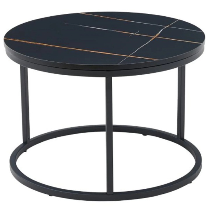 Masuta de cafea rotunda, aspect marmura, blat MDF, cadru metalic, 60x40cm, Negru