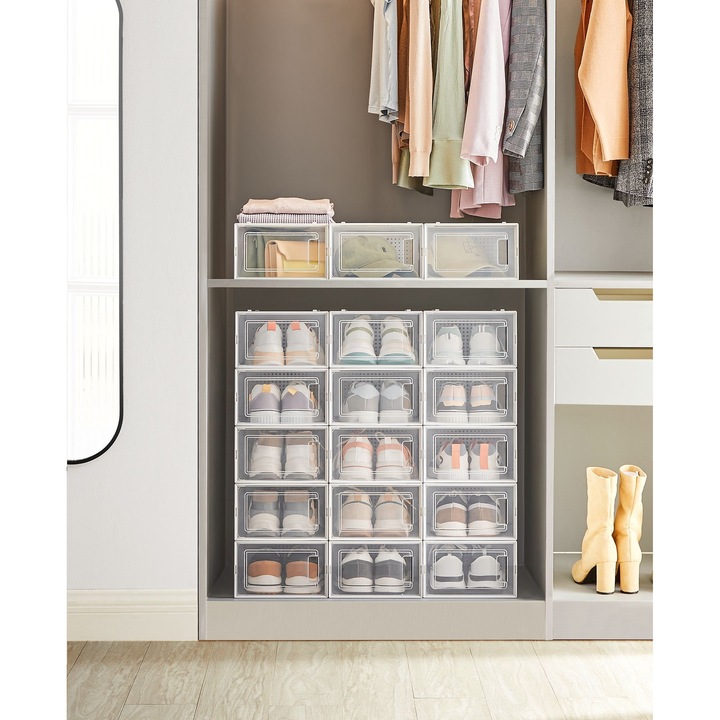 18 darabos szervezőkészlet, dalmikrofonok, szellőzőnyílásokkal, tartós PP anyagból, könnyen nyitható és zárható, ideális cipők, játékok és apró tárgyak tárolására