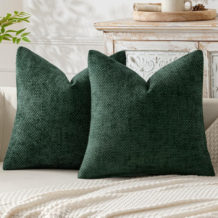 Set 2 Fete de Perna Decorative Miulee, Chenille Verde Inchis, 50x50 cm, Textura Moale si Rezistenta