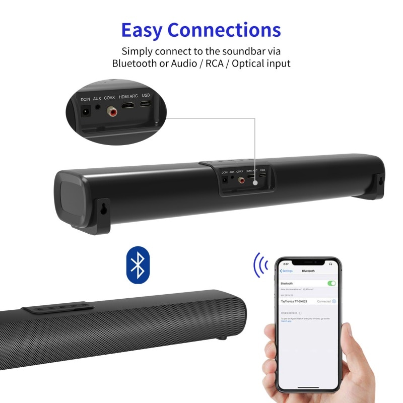 Soundbar, subwoofer, Bluetooth 5.0, putere 30W, difuzoare cu diafragma dubla, mod EQ integrat, calitate audio HD, USB, AUX, HDMI, DC IN, port optic, telecomanda cu infrarosu, 40,3 cm, negru
