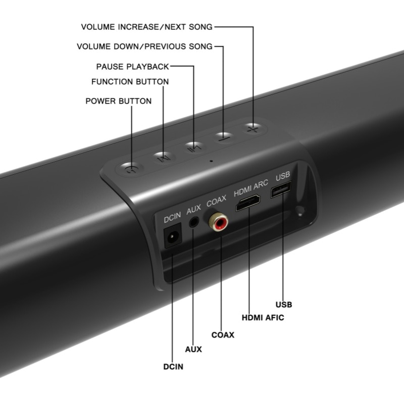 Soundbar, subwoofer, Bluetooth 5.0, putere 30W, difuzoare cu diafragma dubla, mod EQ integrat, calitate audio HD, USB, AUX, HDMI, DC IN, port optic, telecomanda cu infrarosu, 40,3 cm, negru