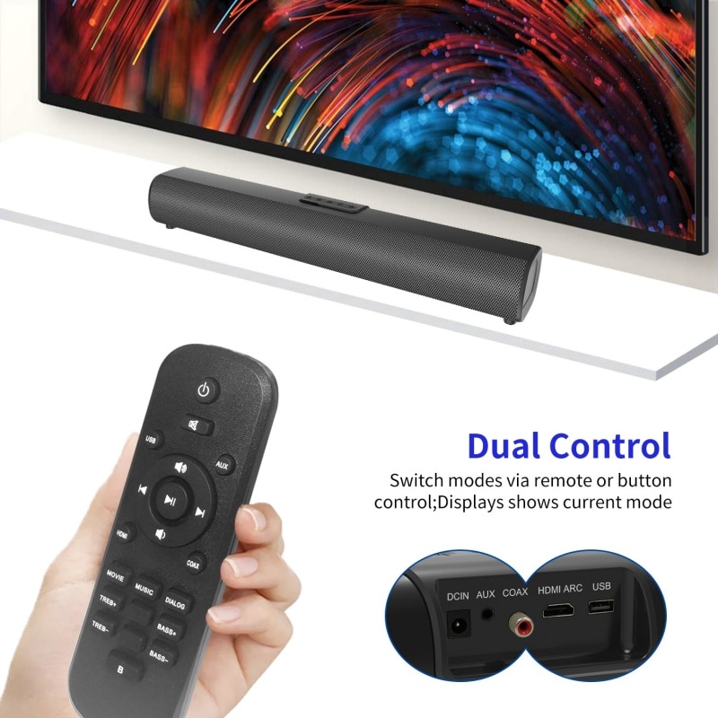 Soundbar, subwoofer, Bluetooth 5.0, putere 30W, difuzoare cu diafragma dubla, mod EQ integrat, calitate audio HD, USB, AUX, HDMI, DC IN, port optic, telecomanda cu infrarosu, 40,3 cm, negru