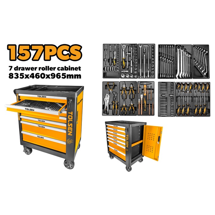 Set scule profesional TOLSEN 157 piese cu carucior 7 sertare, chei tubulare 1/4" si 1/2", surubelnite, clesti, extensii, biti Cr-V, roti pivotante 5", capacitate sertare 35 kg, ideal atelier si service auto, Cr-V calitate superioara, organizare eficienta