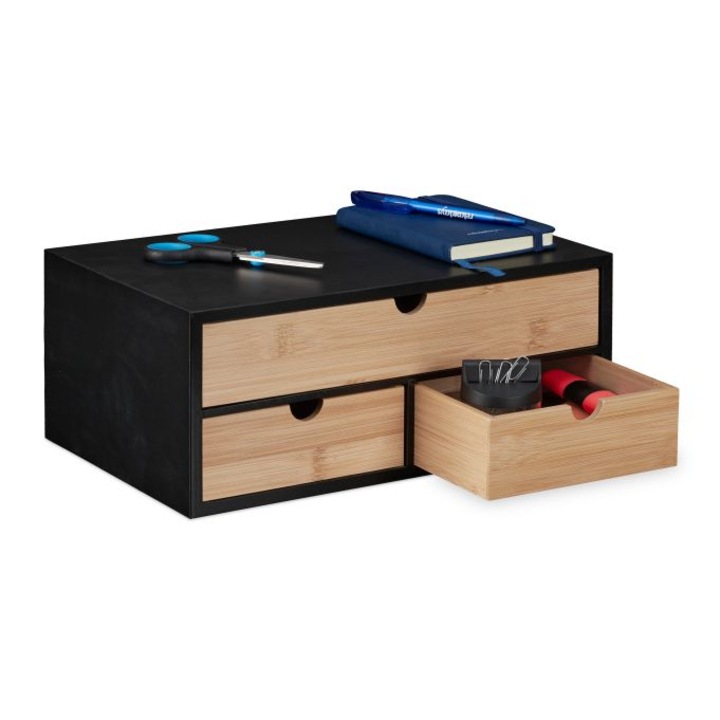 Organizator birou Relaxdays cu 3 sertare, bambus/negru, 13,5x33x21cm