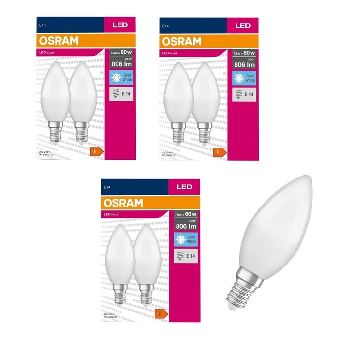 Комплект от 6 LED крушки OSRAM, Тип свещ, E14, 7.5W еквивалент на 60W, Неутрална светлина, 4000k, 806 lm, Енергиен клас F