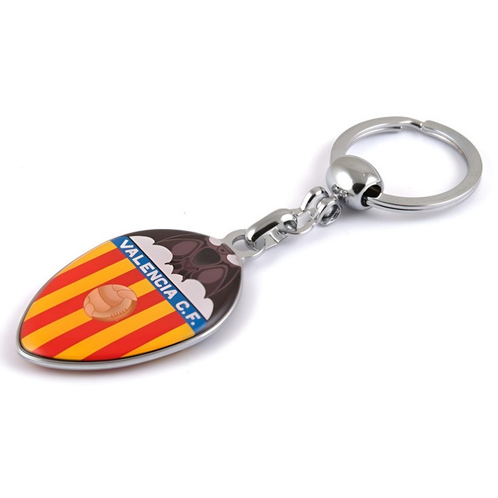 Breloc VALENCIA CF, echipa de fotbal, din metal, pentru chei sau ghiozdan, Cri-Flo, culoare argintiu