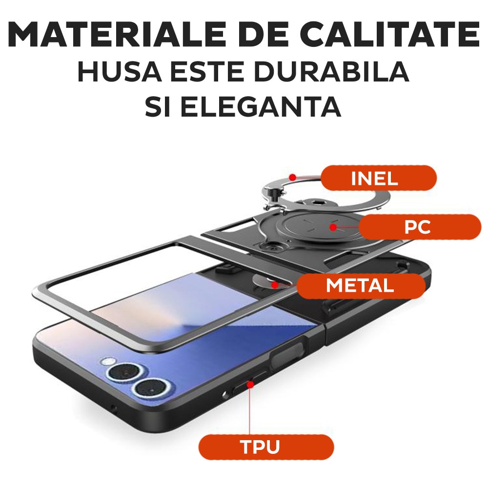 Husa pentru Samsung Galaxy Z Flip 7, CamGuard Pro Kickstand, Inel rotativ, Slider Camera, Antisoc, Protectie Superioara, Negru