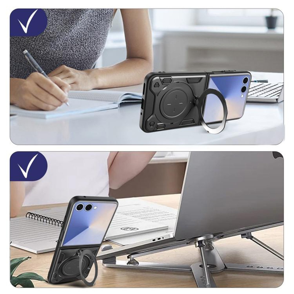 Husa pentru Samsung Galaxy Z Flip 7, CamGuard Pro Kickstand, Inel rotativ, Slider Camera, Antisoc, Protectie Superioara, Negru