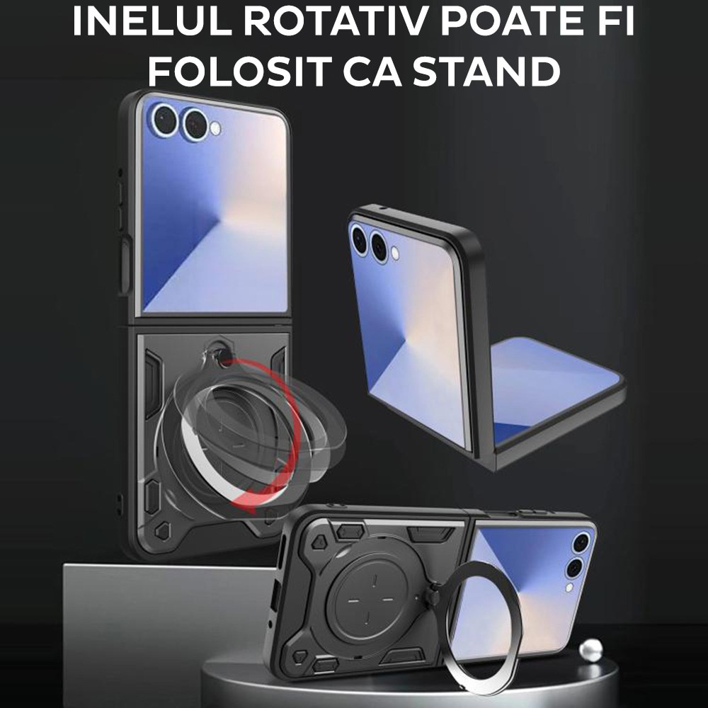 Husa pentru Samsung Galaxy Z Flip 7, CamGuard Pro Kickstand, Inel rotativ, Slider Camera, Antisoc, Protectie Superioara, Negru