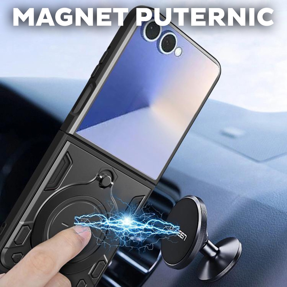 Husa pentru Samsung Galaxy Z Flip 7, CamGuard Pro Kickstand, Inel rotativ, Slider Camera, Antisoc, Protectie Superioara, Negru