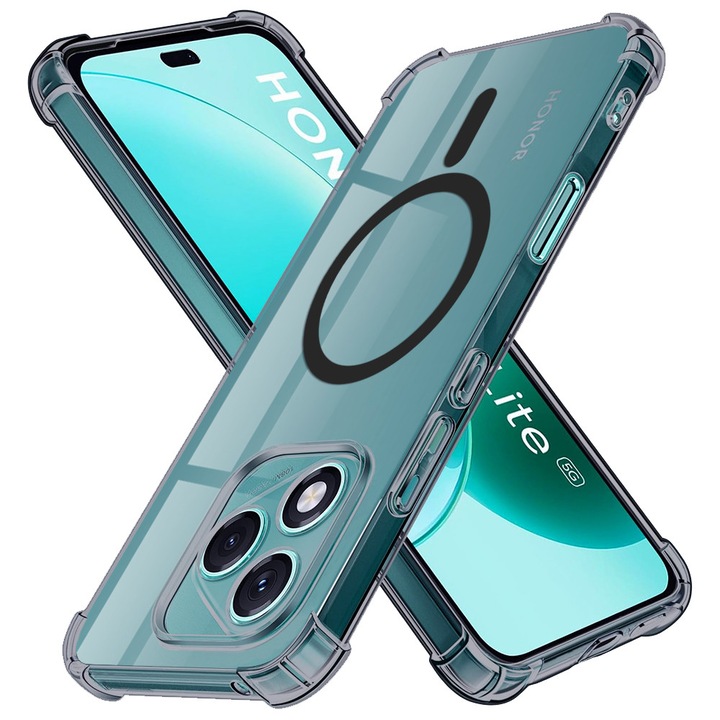 Кейс за Honor 400 Lite, съвместим с MagSafe Anti-Shock, подсилен с 4 ъгъла с дебелина 1.5 мм - полупрозрачен черен