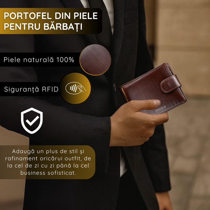 Мъжки портфейл от естествена кожа, IMODIX®, RFID защита за карти, джоб за лична карта, джоб за монети, много просторен, семпъл и приятен дизайн, модел 8617, кафяв