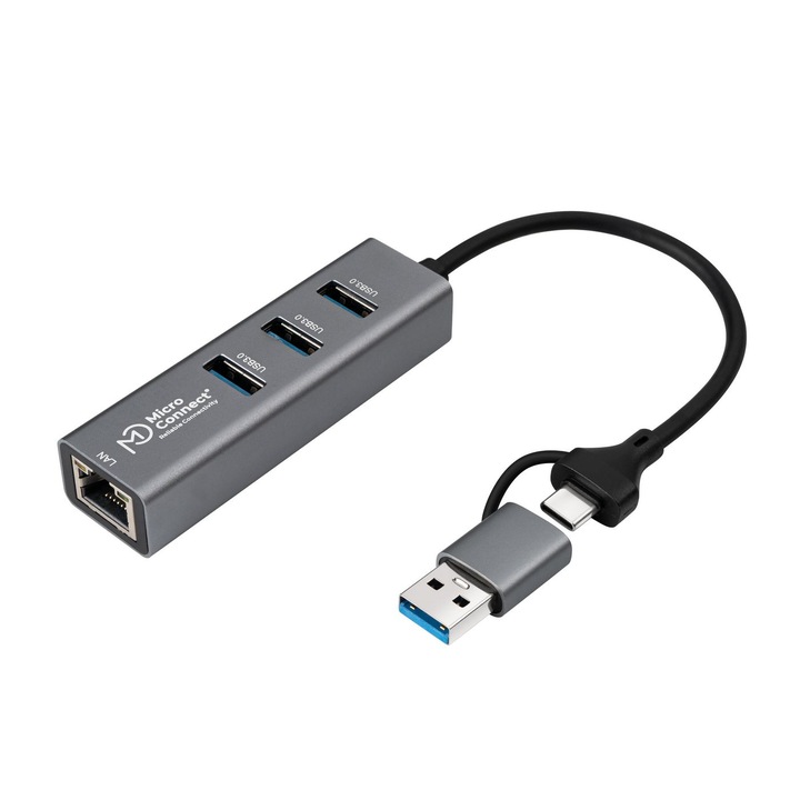 MicroConnect 4-портов USB 3.2 Gen 1 хъб с Ethernet, USB-C и USB-A
