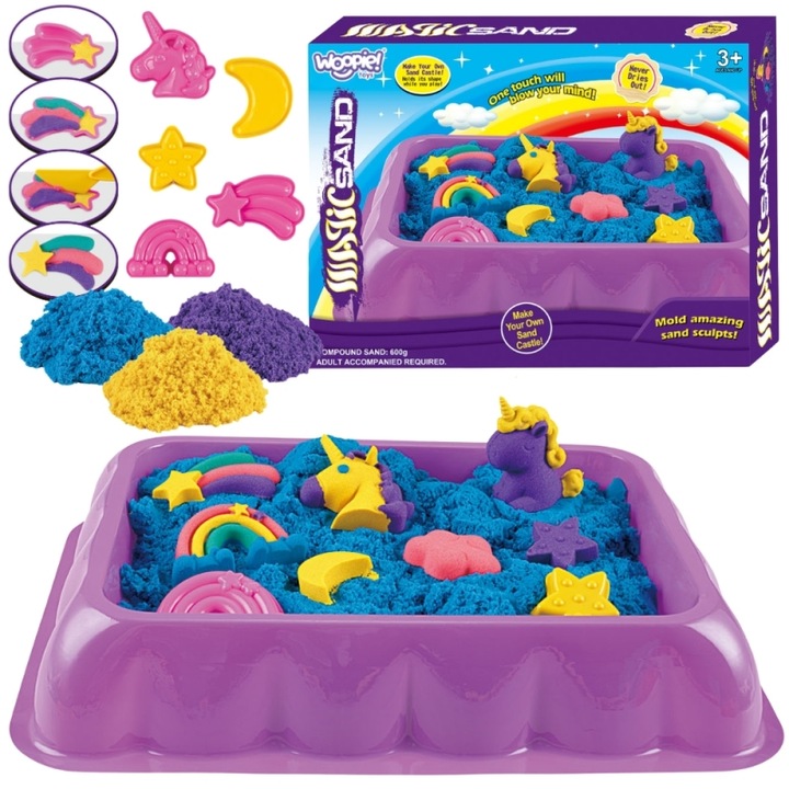Kinetikus homokozó szett + Unikornis alakú asztal, Woopie, 0,6 kg, 3 éves kortól, többszínű