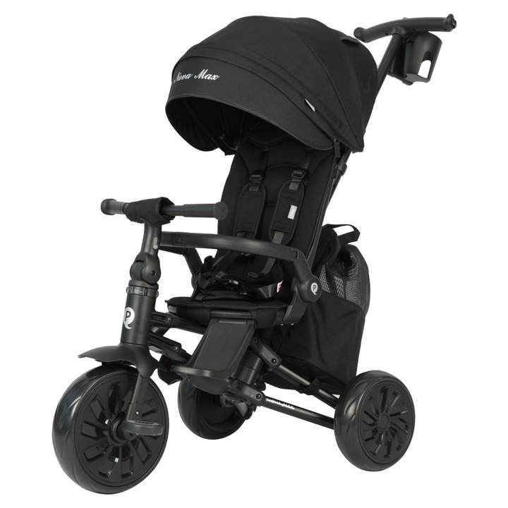 Tricicleta QPlay Nova Max, 360° cu scaun rotativ, cadru din aluminiu, culoare neagra, pentru copii 10-72 luni