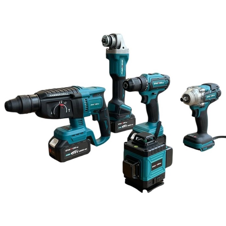 Percutie ciocan perforator, surubelnita, polizor unghiular, cheie de piulite, nivela laser 4D, Kraft Royal, verde, set