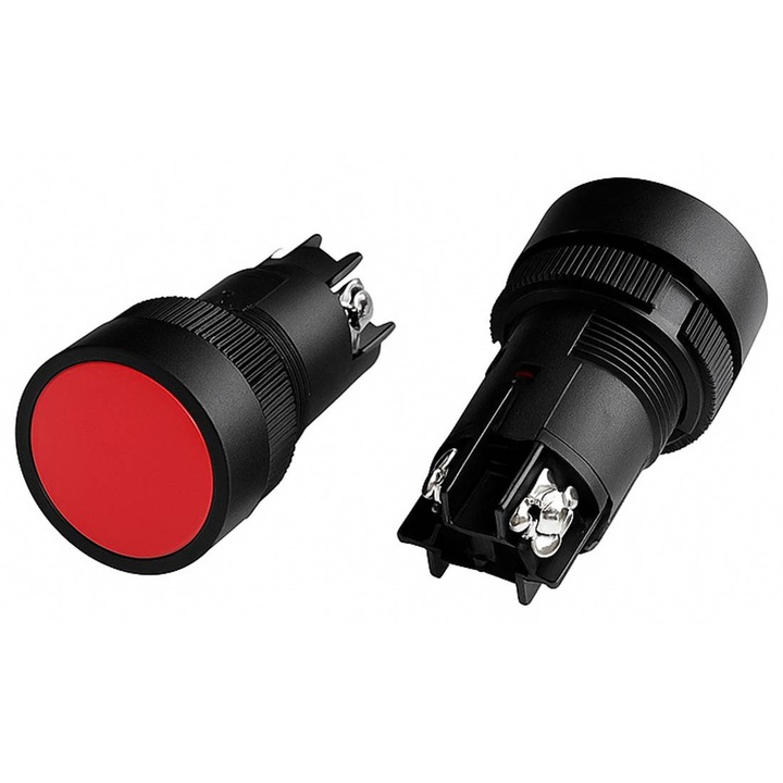 Buton EA142, 2 pini, fara blocare, NO, Rosu, 250 V CA, 3 A, Ф22 mm