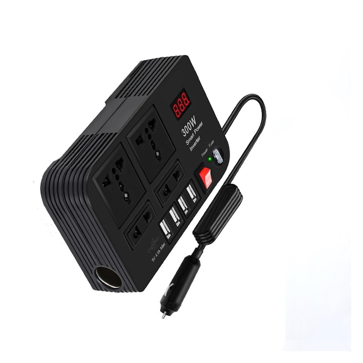 Авто инвертор MWAOWM 300W 12V към 220V, 4 AC контакта, 4 USB порта, компактен, черен