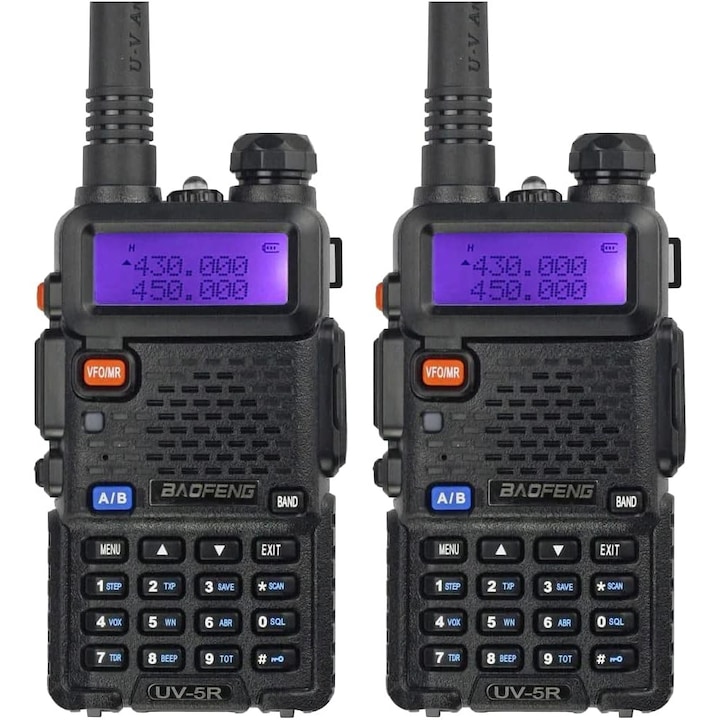 Set 2 Walkie-talkie MWAOWM Baofeng UV-5R, frecvență 144-148/420-450MHz, 128 canale, iluminare LED, alarmă de urgență