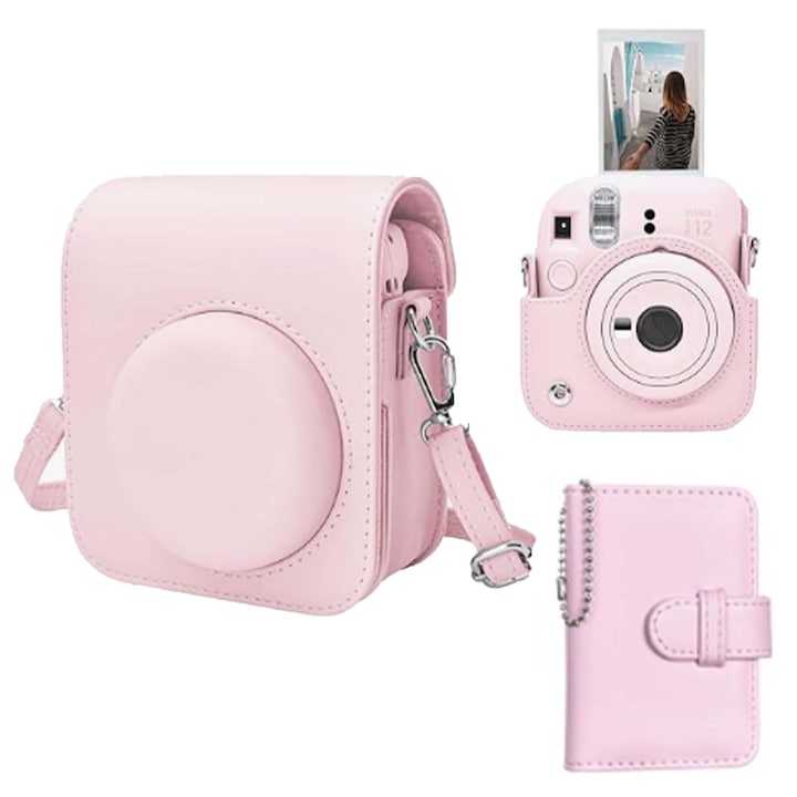 Husa camera TREXORA pentru Fujifilm Instax Mini 12, set cu album foto Mini 12, roz, 11.5x7.5x13.5cm