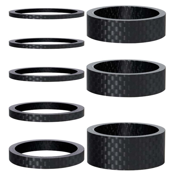 Set 8 distantiere pentru furca bicicleta, TREXORA, 1-1/8", carbon, negru, 1/2/3/5/10/15mm