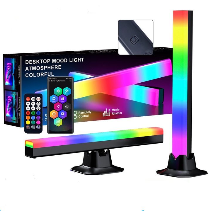 Bare luminoase cu leduri RGB-IC sincronizate cu muzica, Lumina de Mediu, Alimentare USB, Telecomanda Inclusa, 8 Moduri Dinamice Pentru Divertisment, 16 Milioane Culori, Control Butoane Pe Cablu