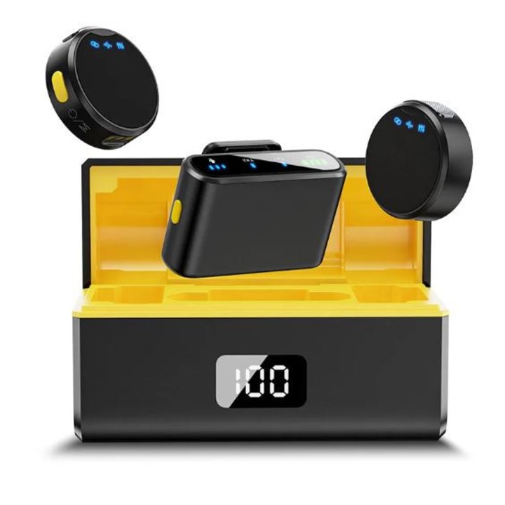 Set 2 microfoane lavaliera profesionale wireless, Bewin, cu anulare a zgomotului, model M9 Ultra 2.4G cu reducere a zgomotului de 30-60m, pentru inregistrare video, interviu, microfon magnetic Laepl