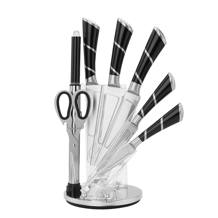 Set de cutite 8 piese, MESEVEN, inox, suport acrilic, ergonomic, negru